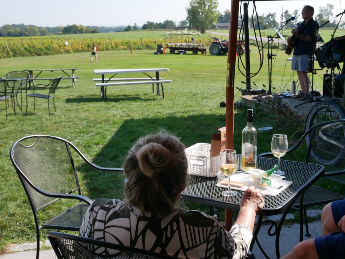 vermont foods lady with wine at table listening to music